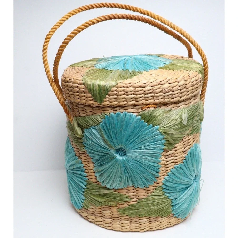 VTG Handmade Straw Raffia Woven Basket with Handle & Lid‎ Floral Boho MCM